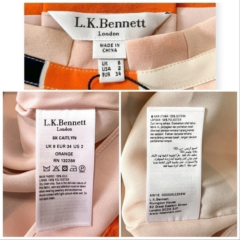 New with tag, L.K.Bennett Orange Caitlyn Striped Silk Skirt, Size 2